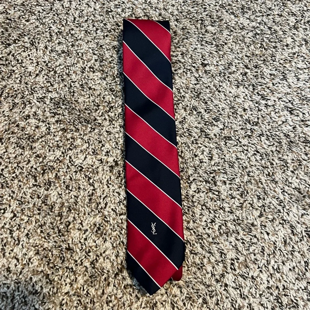Yves Saint Laurent Mens Red Navy Striped Silk Blend YSL Monogram Necktie